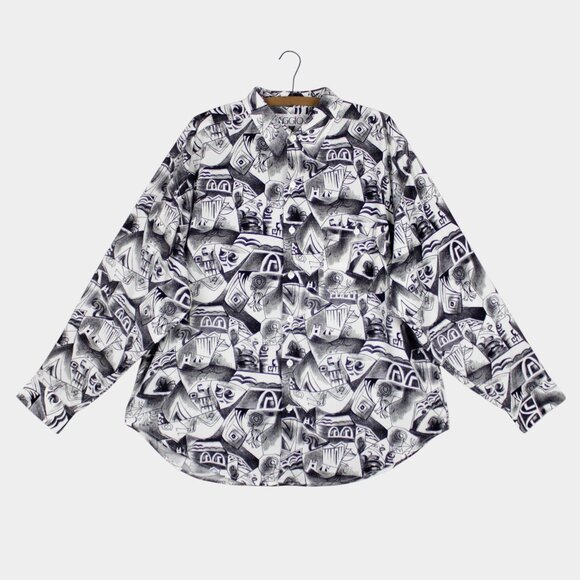 Vintage 90s Aggio Abstract Monochrome Sketch Print Button Down Shirt Size XL - Picture 2 of 10